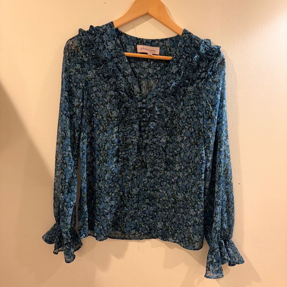 Philosophy Navy Floral Ruffle Blouse